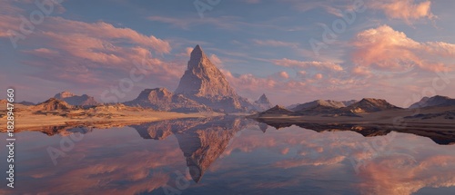 Ethereal Mountain Majesty Reflected in a Glassy Lake at Pastel Dawn.
