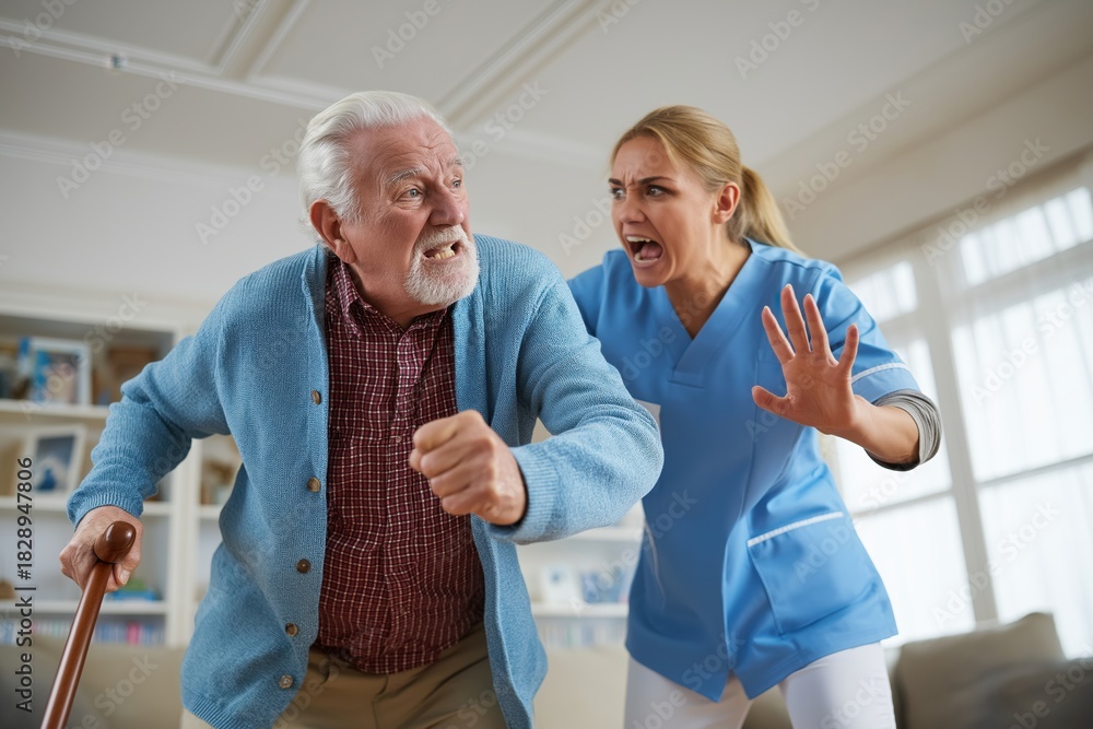 Obraz premium Aggressive Senior Man with Cane Attacking a Female Nurse
