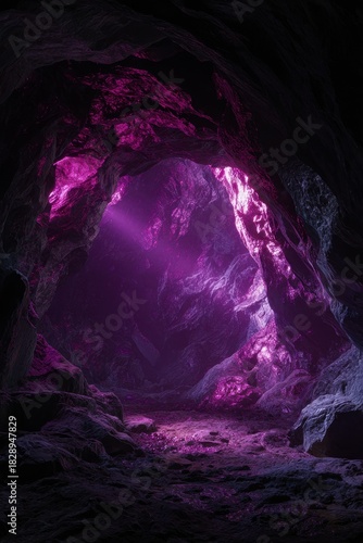 Ethereal Purple Glow Illuminates a Dark Cave Interior, Mysterious and Dramatic.