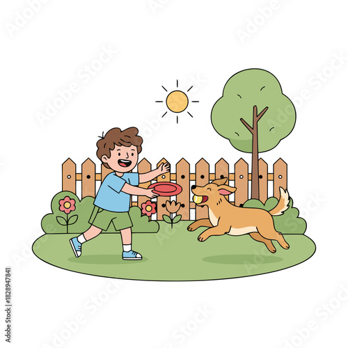 Young boy and golden retriever playing fetch on green grass with trees and fence in background under sunlight in a park