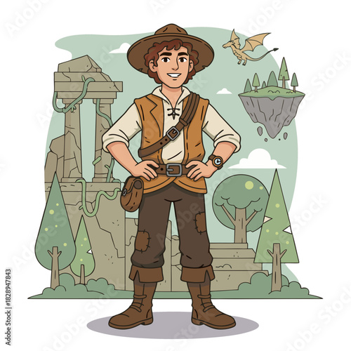 Young Boy Adventurer Standing Confidently in Ancient Ruins Wearing Hat and Vest with Satchel and Boots, Fantasy Landscape Background with Floating Islands and Trees