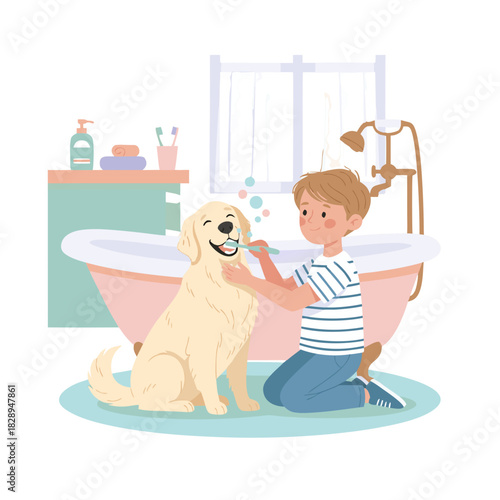 Young Boy Brushing Golden Retriever Dog Teeth in a Bathroom Bathtub Pastel Colors Playful Scene
