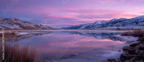 Ethereal Purple Twilight Reflected in Serene Mountain Lake, Snow-Capped Peaks Framing a Dreamlike Landscape.