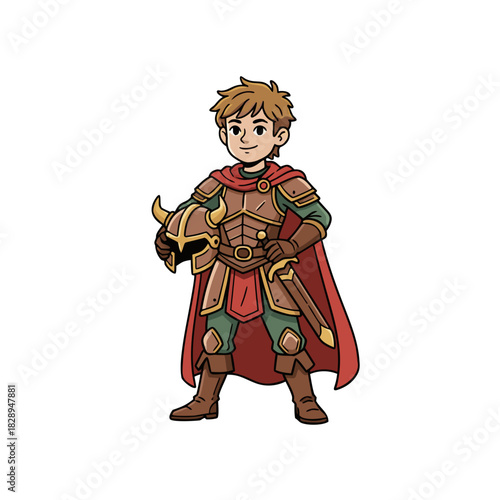 Young boy dressed as a medieval knight in ornate armor and red cape holding a helmet and sword with a sword at his hip detailed cartoon character design with a joyful expression and a black background