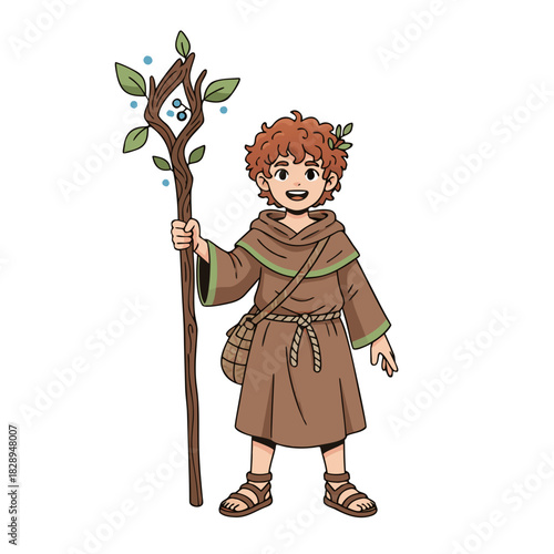Young Boy In A Brown Robe Holding A Wooden Staff With Leaves And Berries Standing On A White Background