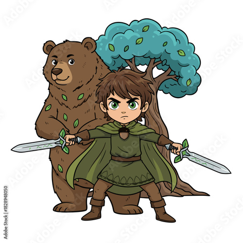 Young Boy Warrior Dressed in Green Medieval Tunic and Cloak Holding Two Swords with His Bear Companion Standing Behind Him Next to a Tree