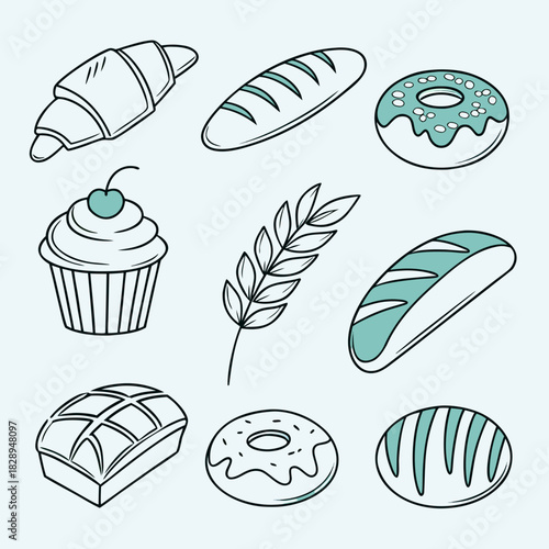 Vector set of bakery food icons with bread and snacks illustration