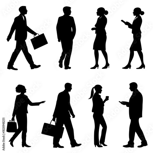 Silhouettes of business people walking and posing in vector style