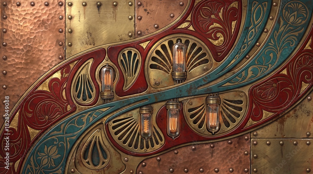 Naklejka premium Glowing vacuum tubes illuminate an intricate steampunk design with metallic scrollwork and rivets.