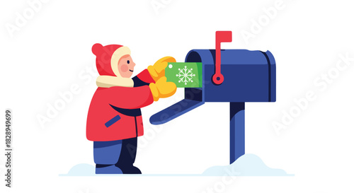 Young child in winter attire sending a holiday letter through a traditional mailbox, spreading joy during the snowy season