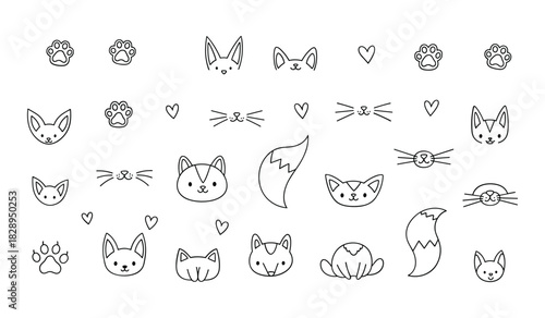 Cute Hand Drawn Animal Elements and Paw Prints Collection Keywords: animal, cute, paw print, heart, cat, fox, ears, whiskers, tail, doodle, sketch, simple, outline, drawing, illustration, icon