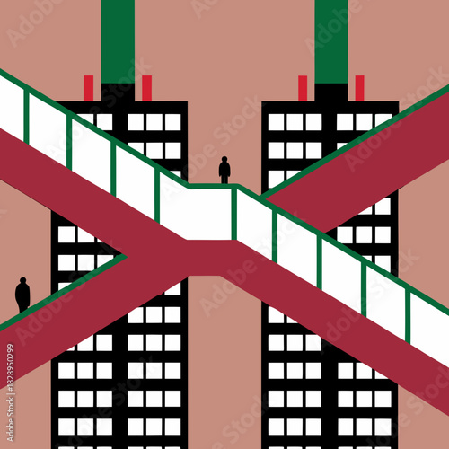 Abstract architectural design featuring interconnected elevated walkways and minimalist figures against a muted background