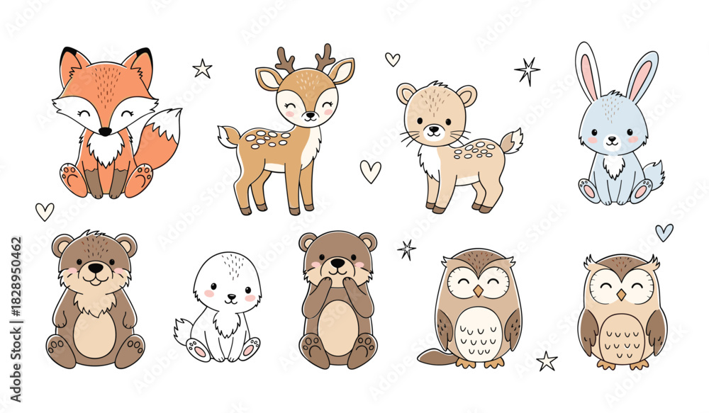 Fototapeta premium Cute Woodland Animals Collection Fox Deer Bear Owl Bunny With Stars And Hearts vector illustration