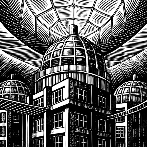 Dramatic black and white woodcut style illustration of a grand dome building with multiple domes and a grid ceiling