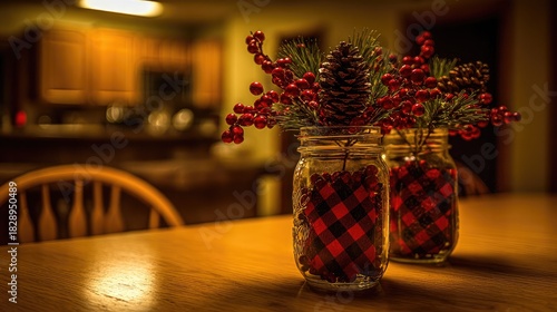 a festive winter centerpiece with pine cones, red berries