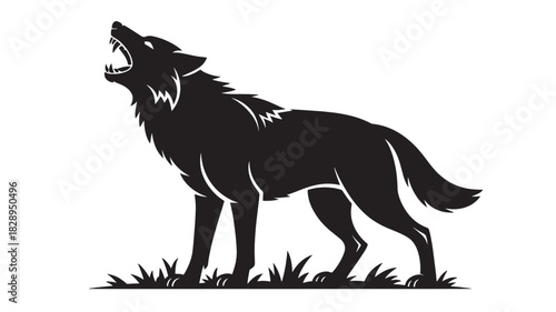 Silhouette of a howling wolf on grass vector illustration isolated on white background