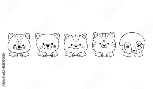 Five Adorable Cartoon Cat Faces Peeking Over a Surface kitten feline