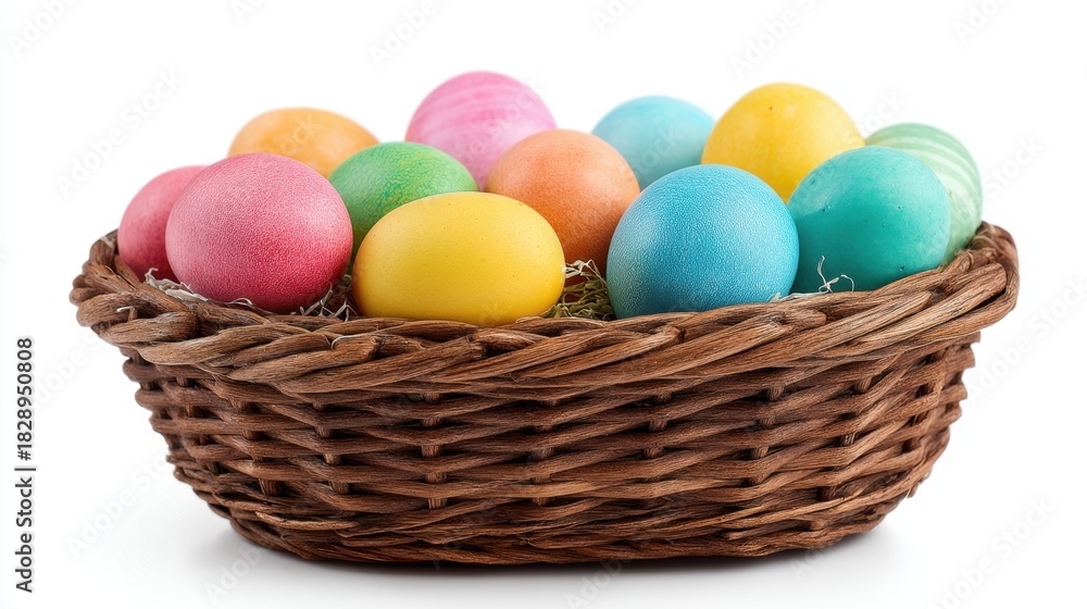 Naklejka premium A woven basket holds a variety of brightly colored decorated eggs in shades of pink blue yellow and green. This scene captures the essence of springtime and Easter celebrations.
