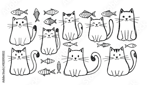 Hand Drawn Cute Cats and Fish Doodles on White Background kitten feline