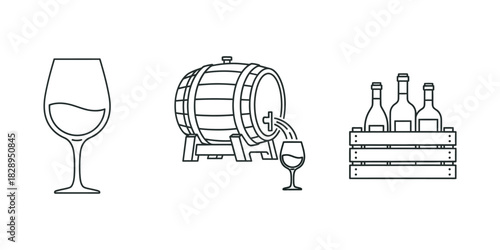Wine making process and serving icons set with glass, barrel, and bottles in a wooden crate vector outline Vector