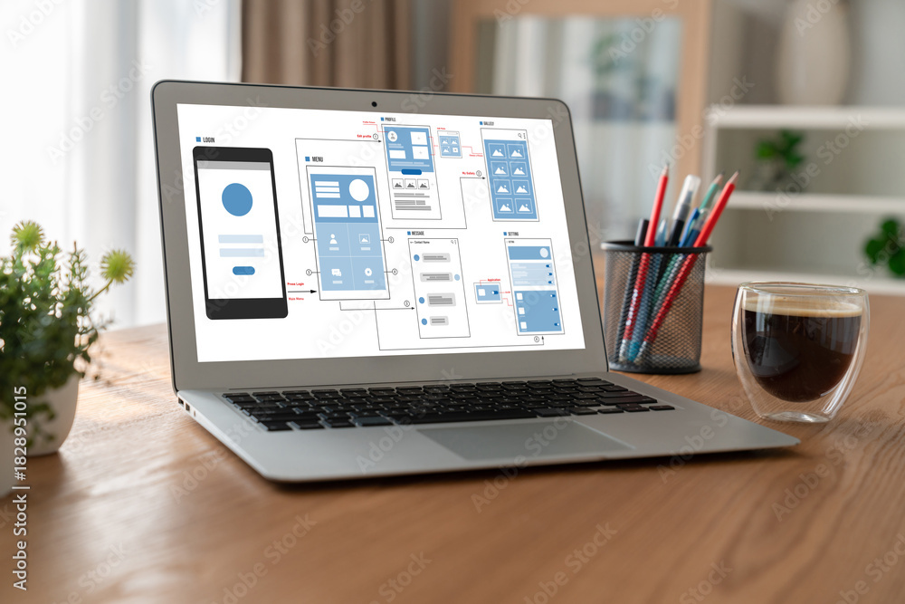 Fototapeta premium UX UI design process for modish mobile application and website . Creative prototype of wireframe for professional app developer .