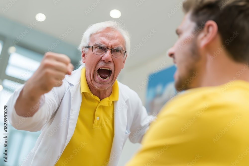 Obraz premium Furious Senior Doctor Threatening a Young Male Patient