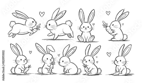 Playful Hand Drawn Bunnies With Carrots And Hearts In Sketchy Style bunny rabbit