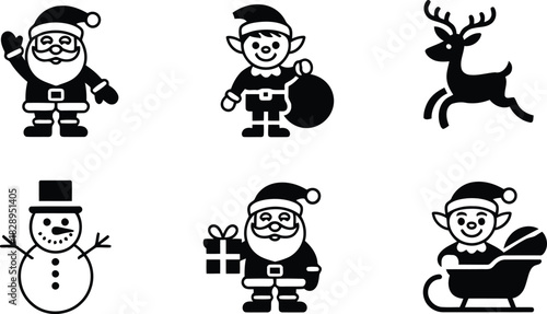 A delightful collection of black and white Christmas icons featuring Santa Claus, elves and a reindeer