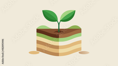 Young green sprout growing in cross-section of soil layers, symbolizing agriculture and growth