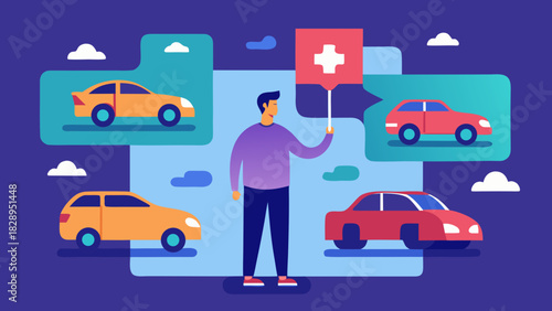 Man holding medical sign while choosing a car, symbolizing auto insurance or vehicle safety options