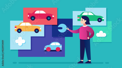 Woman choosing a car for purchase in flat modern interface with multiple vehicle options on screen