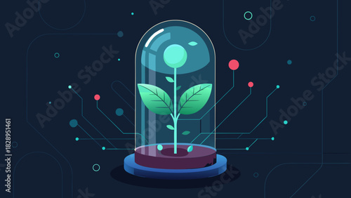 Futuristic sprout growing under glass dome with digital circuits, symbolizing biotech and innovation