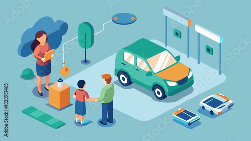 Couple buying a new car in modern dealership with saleswoman and digital services around