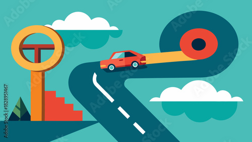 Red car driving up abstract road toward keyhole symbolizing success, opportunity and goal achievement