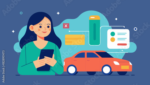 Happy woman buying a car online using mobile app with digital forms and payment options