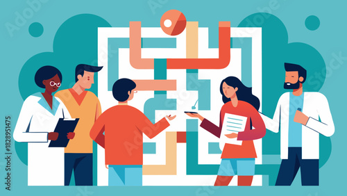 Group of doctors and patients discussing medical diagnosis and treatment strategy in front of maze