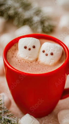 a red mug of hot chocolate with two marshmallows on top in the shape of snowmen