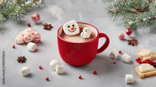 a red mug of hot chocolate with two marshmallows in the shape of snowmen