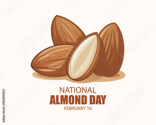 National Almond Day poster vector illustration. Pile of almonds icon vector. Whole and halved almonds drawing. Template for background, banner, card. February 16 every year.