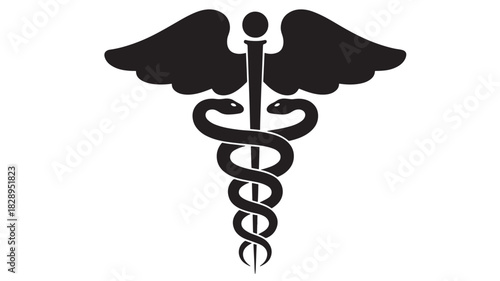 Caduceus medical symbol black vector illustration of a rod with snakes isolated on white background
