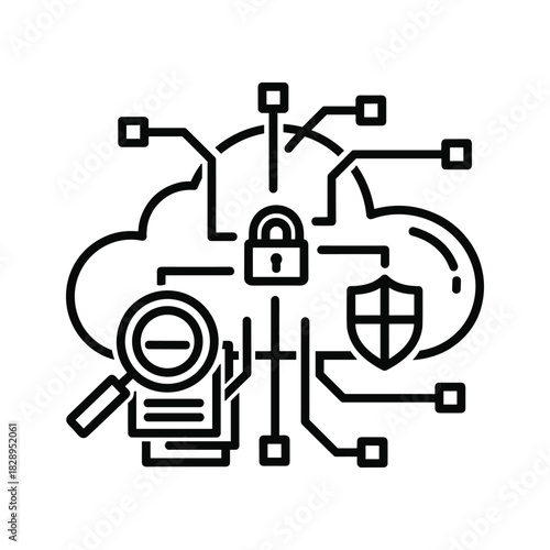 Cloud computing security concept with data protection, network defense, and information analysis elements