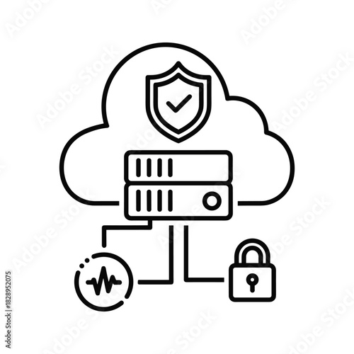 Cloud security and data protection concept with server, shield, and padlock icon