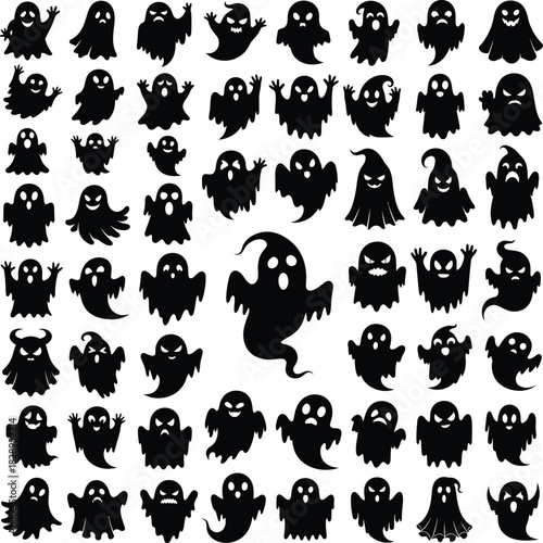 Collection of spooky halloween ghost silhouettes with varied expressions and poses perfect for holiday designs and themed graphics in black and white