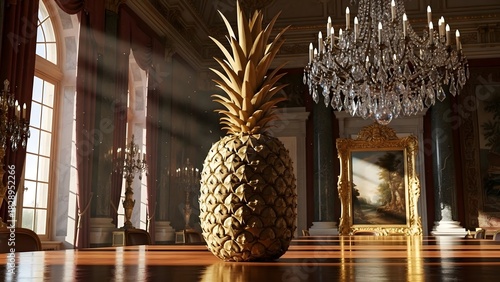 Golden Pineapple on Elegant Dining Table in Luxurious Room with Crystal Chandelier and Classic Artwork