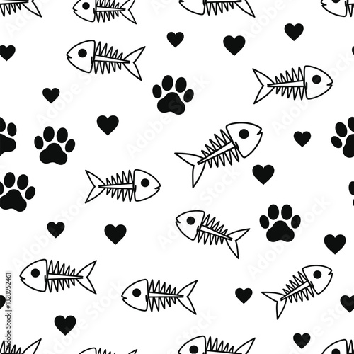 Playful cat themed seamless pattern with fish bones paw prints and hearts in black and white for textile or background