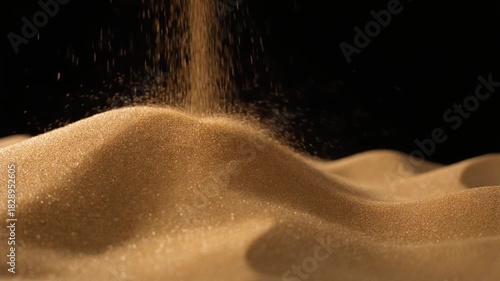 Close-up of a sand dune with sand falling from above, against a dark background
