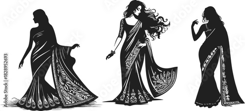 Elegant Indian Women in Traditional Saree Silhouettes