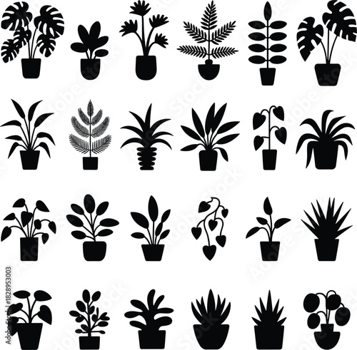 Collection of black silhouette potted houseplants potted plants