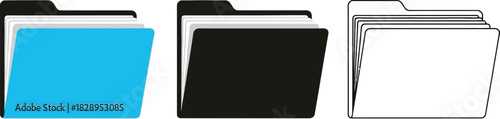 Three open folders in blue black and white representing organization file management and digital storage for documents and information
