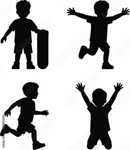 Four black silhouettes of a young boy in active poses